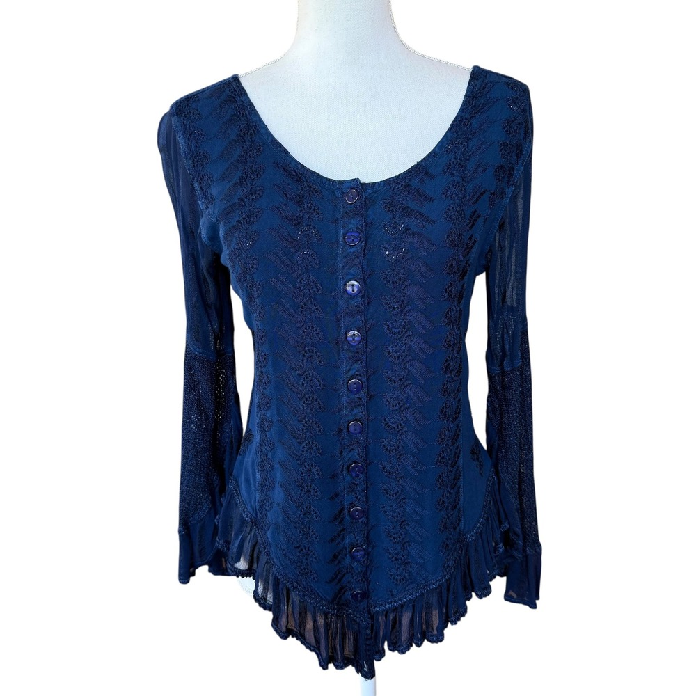 Sakkas Womens Boho Embroidered Bell Sleeve Button Down Blouse Navy Blue Medium - Picture 3 of 10